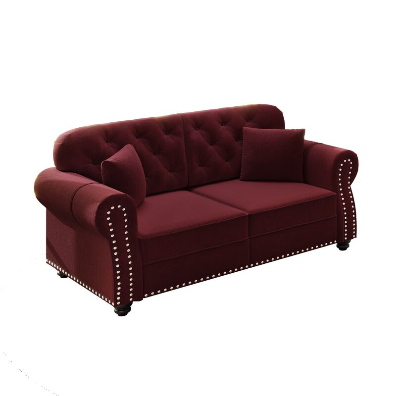 Whisen 63" Velvet Chesterfield Sofa, Mid-Century Modern Tufted Loveseat with Nailhead & 2 Pillows image number 8