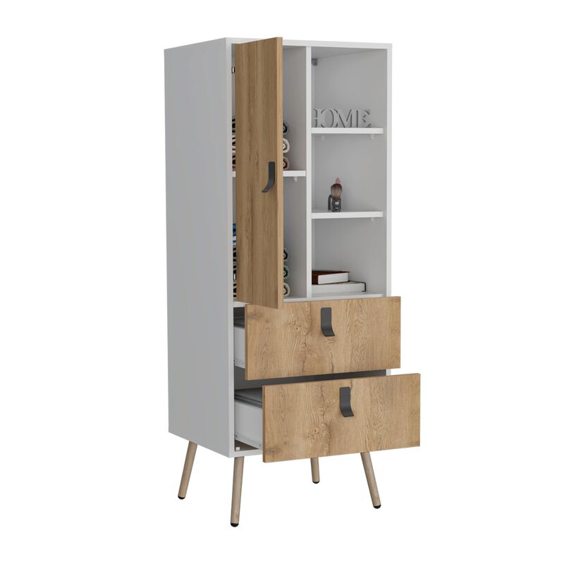 Huna Tall Dresser, Unit with Door, 2 Drawers, and Open Shelves-White / Macadamia