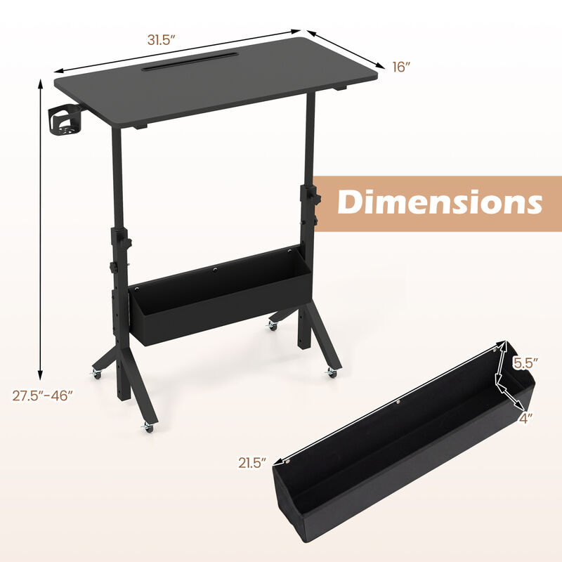 Mobile Rolling Standing Desk with Adjustable Height Cup Holder and Storage Basket image number 2