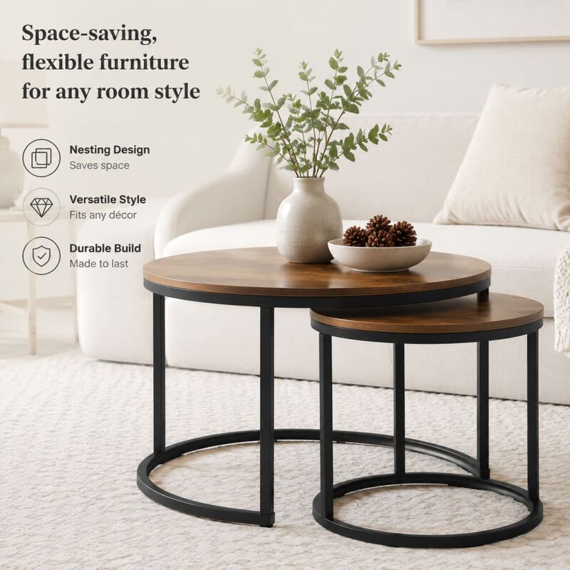 GOODSILO Set of 2 Nesting Coffee Tables Flexible Separable Combined Design for Living Room Bedroom Apartment Small Space Use as Side Table Nightstand Display Shelf image number 4