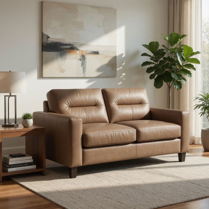 Secy Loveseat, Brown Faux Leather, Track Arms, 58 Inch Pine Wood Frame