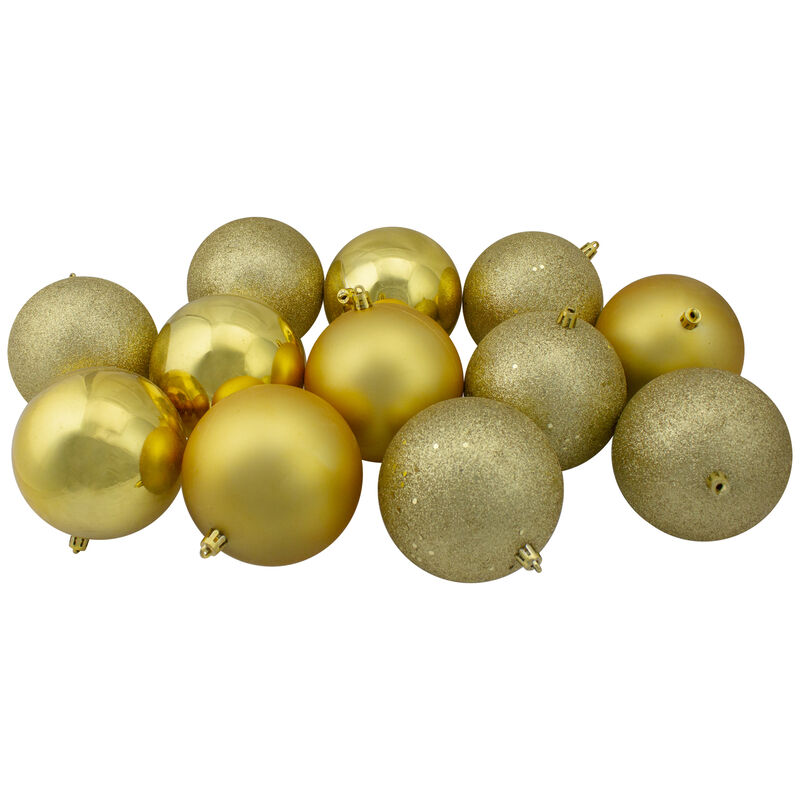12ct Gold Shatterproof 4-Finish Christmas Ball Ornaments 4" (100mm)
