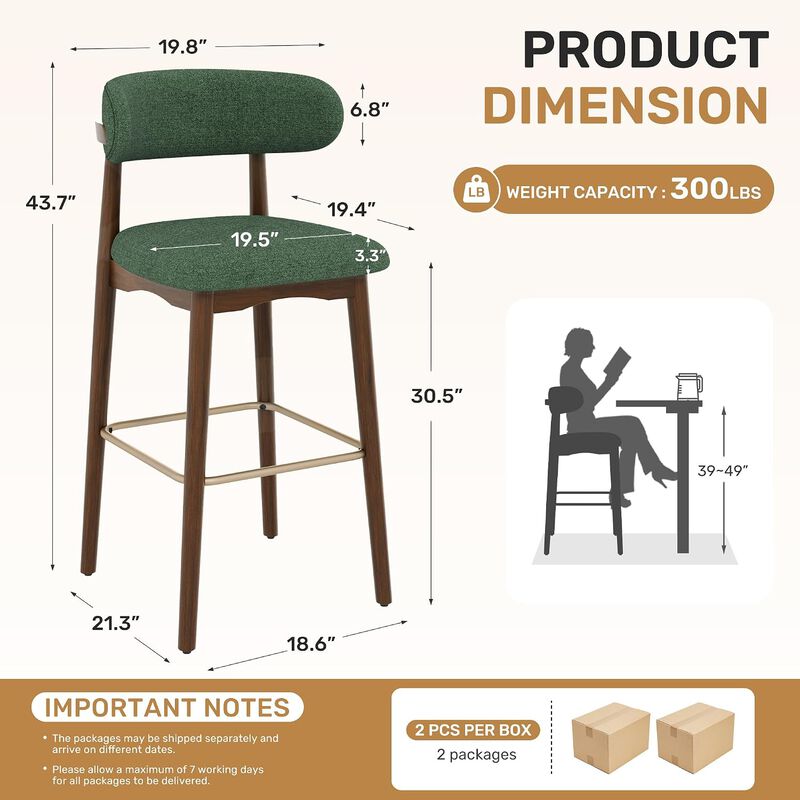 Modern Metal Counter Height Bar Stools | Steady Rubber Wood Legs & Ergonomic Backrest, Non-Swivel Kitchen Island Chairs for Dining Room, Home Bar, Outdoor image number 2