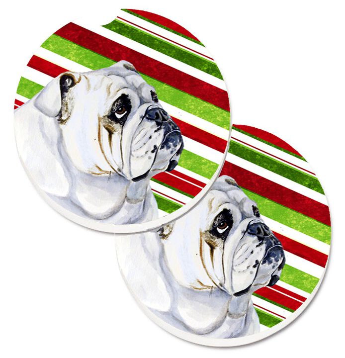 Caroline's Treasures Bulldog English Candy Cane Holiday Christmas Set of 2 Cup Holder Car Coasters LH9229CARC, 2.56, Multicolor