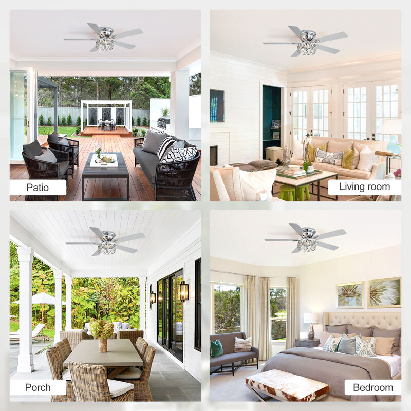 Breezary 52" Flush Mount Ceiling Fan with Light, 3 E12 Bulbs Required, 6 Speeds, Remote, 5 Blades image number 5