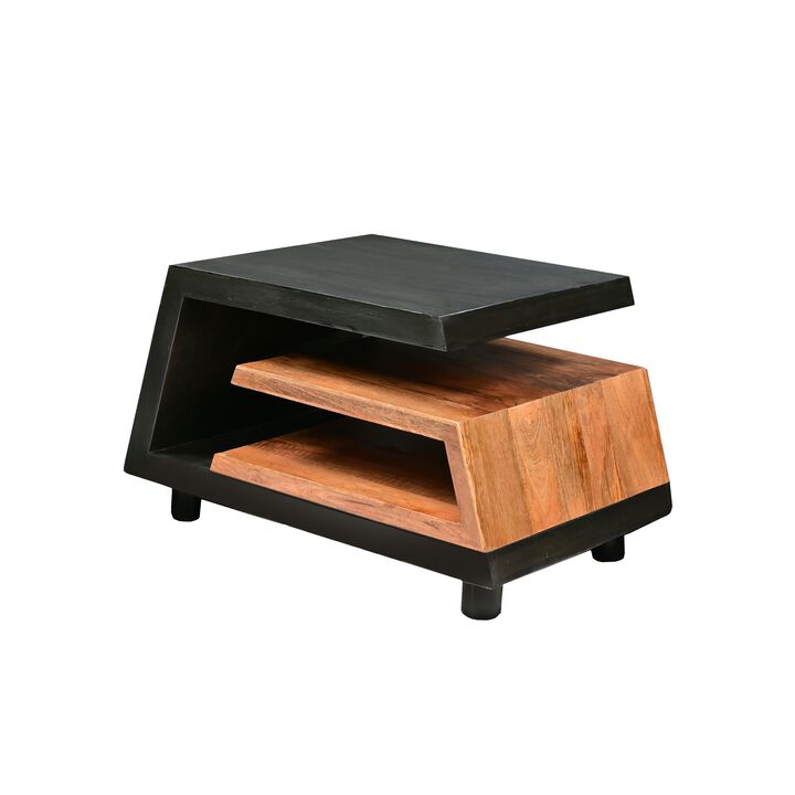 33 Inch Handcrafted Coffee Table, Geometric Dark Walnut and Natural Mango Wood Frame, Block Legs-Benzara