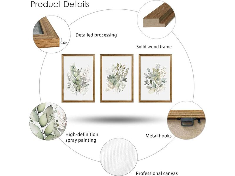 Framed Sage Green Botanical Wall Art 3 Piece Canvas Decor for Living Room Bedroom image number 2