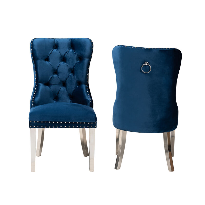 Baxton Studio Honora Navy Blue Velvet Fabric and Silver Metal 2-Piece Dining Chair Set