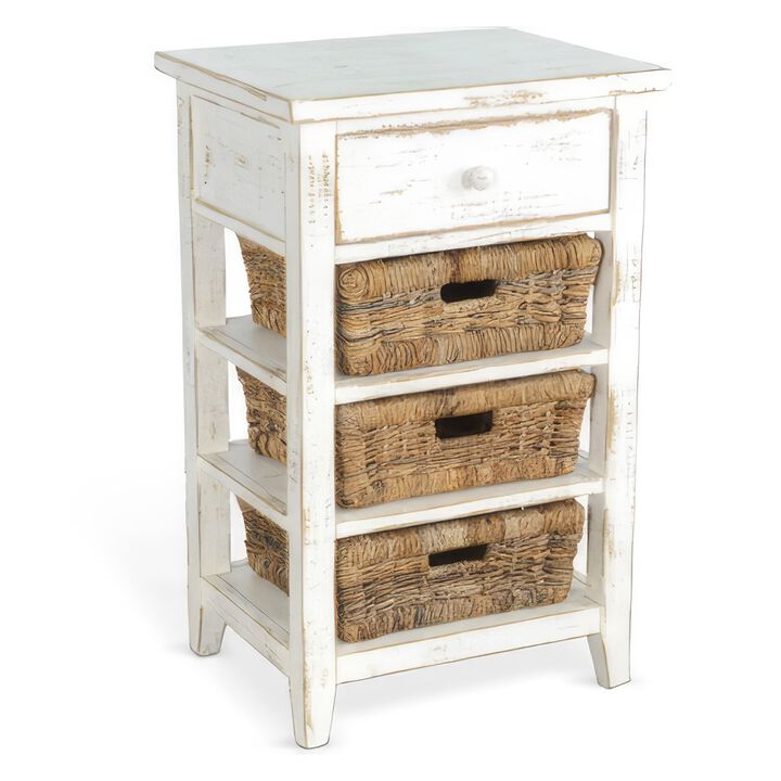 Rena End Table, 3 Natural Rattan Storage Baskets, 20 Inch White Wood