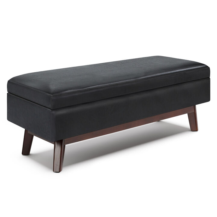 Owen 48 inch Wide Mid Century Modern Rectangle Rectangular Storage Ottoman in Midnight Black Vegan Faux Leather, Assembled