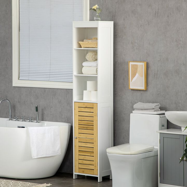 Tall Bathroom Storage Cabinet, Free Standing Bathroom Cabinet Slim Side Organizer w/ 3-Tier Open Shelf, Bamboo Door, White