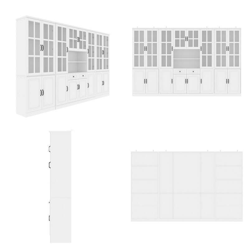 FUFU&GAGA White Bookcase Set – 2 x 4-Door Bookcases + 1 x 8-Door Bookcase with Glass Doors and Black Handles – Modern Storage and Organizing Solution, (78.7 in. H x 126 in. W x 15.7 in. D), White