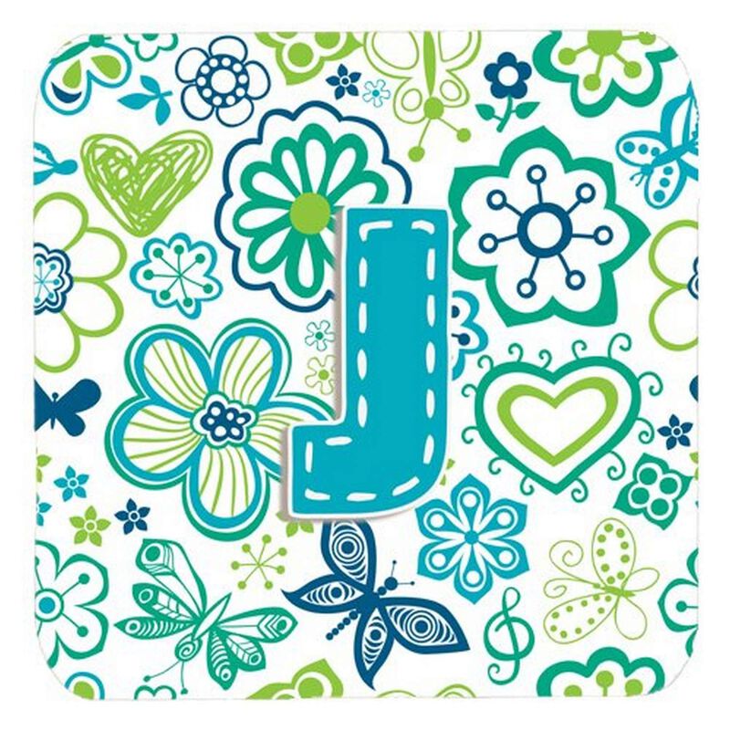 Caroline's Treasures CJ2006-JFC Letter J Flowers and Butterflies Teal Blue Foam Coasters (Set of 4), 3.5, Multicolor
