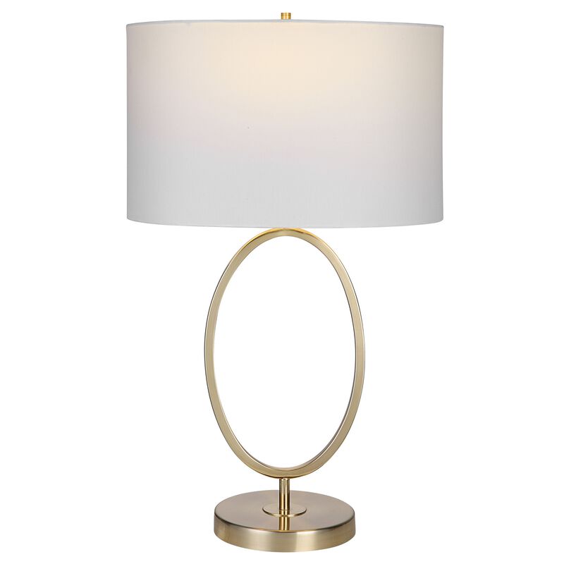 27 Inch Metal Table Lamp, Oval Center Ring, Gold, White-Benzara image number 2