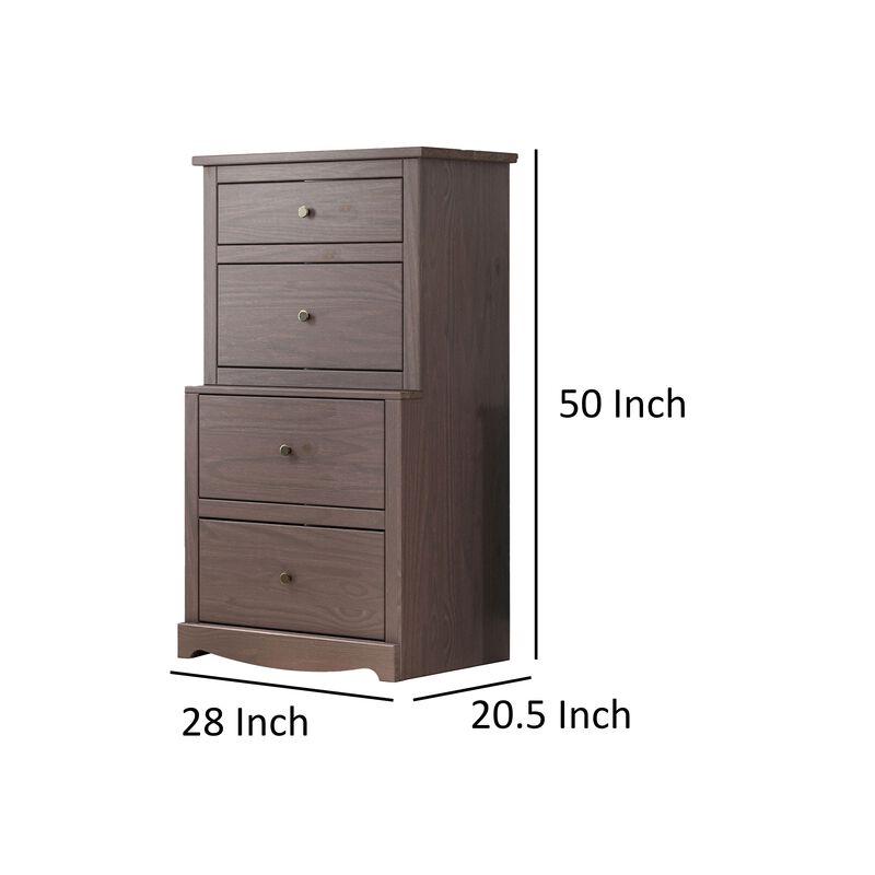 Stav Tall Dresser Chest with 4 Drawers, Plank Style, Gray Solid Wood - Benzara