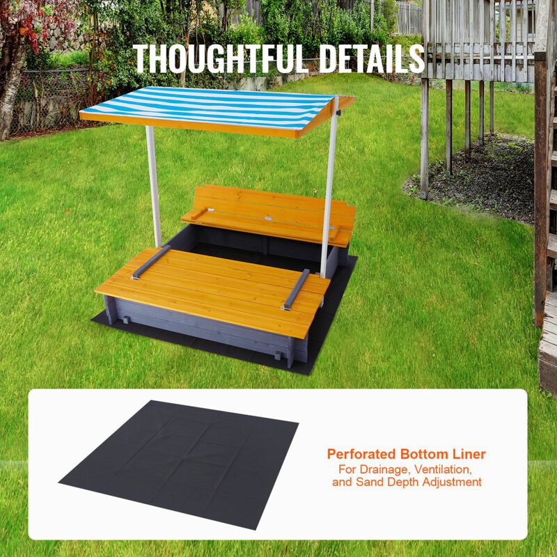 Outdoor Wooden Sandbox with Adjustable Canopy, Foldable Seats and Bottom Liner for Kids image number 3