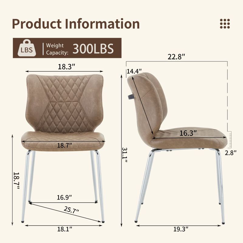 Set of 4 Leather Dining Chairs Square High Back Dining Chairs with Chevron Tufting Retro Dining Chairs with Metal Legs and Back Handle image number 2