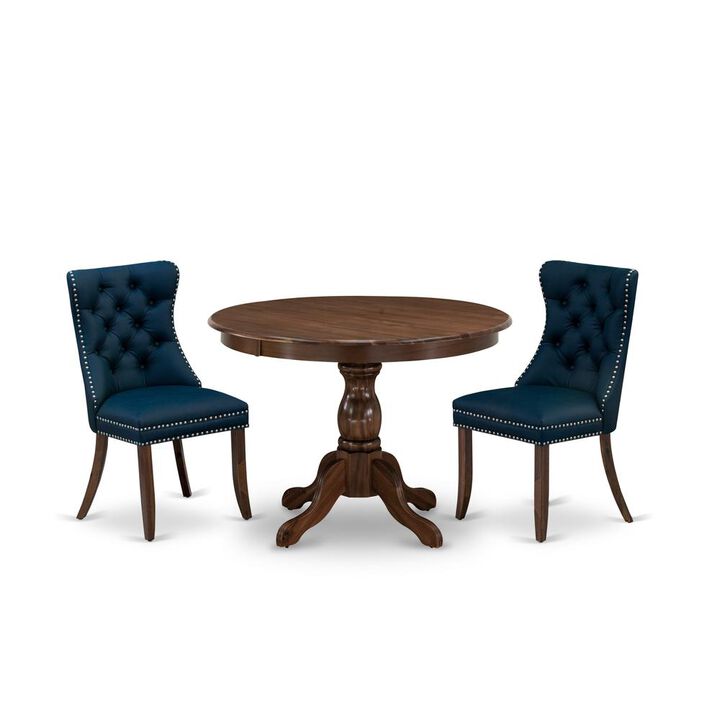 East West Furniture 3 Piece Kitchen Table Set Contains a Round Dining Table and 2 Upholstered Chairs
