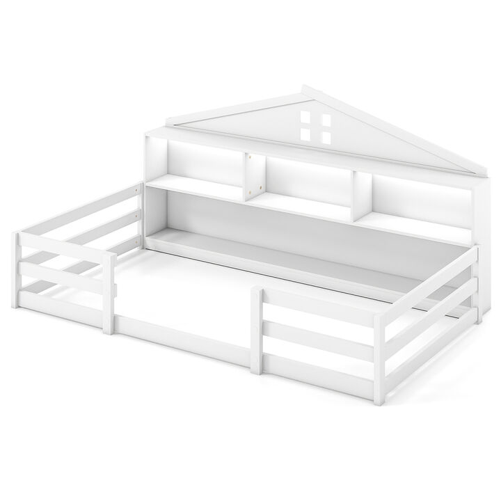 Montessori Kids Floor Bed Frame with Built In Storage and Shelf for Bedroom