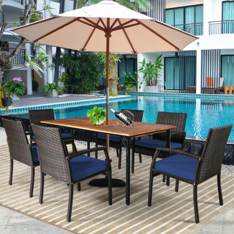 Hivvago 7 Pieces Patio Rattan Cushioned Dining Set with Umbrella Hole