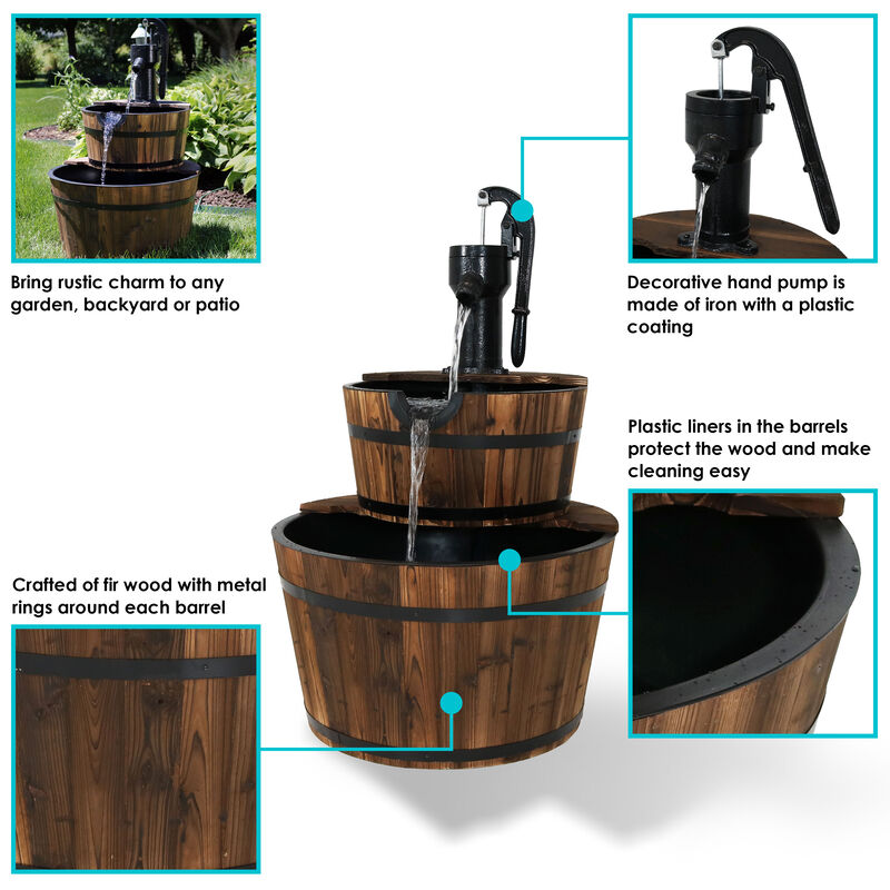 Sunnydaze Rustic 2-Tier Wood Barrel Water Fountain with Hand Pump - 34 in