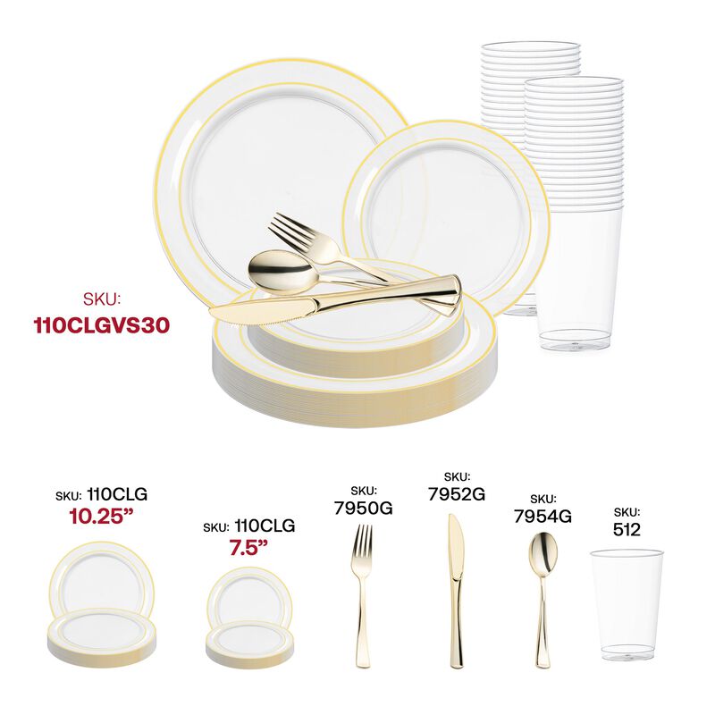 Clear with Gold Edge Rim Plastic Wedding Value Set (30 Sets) image number 5