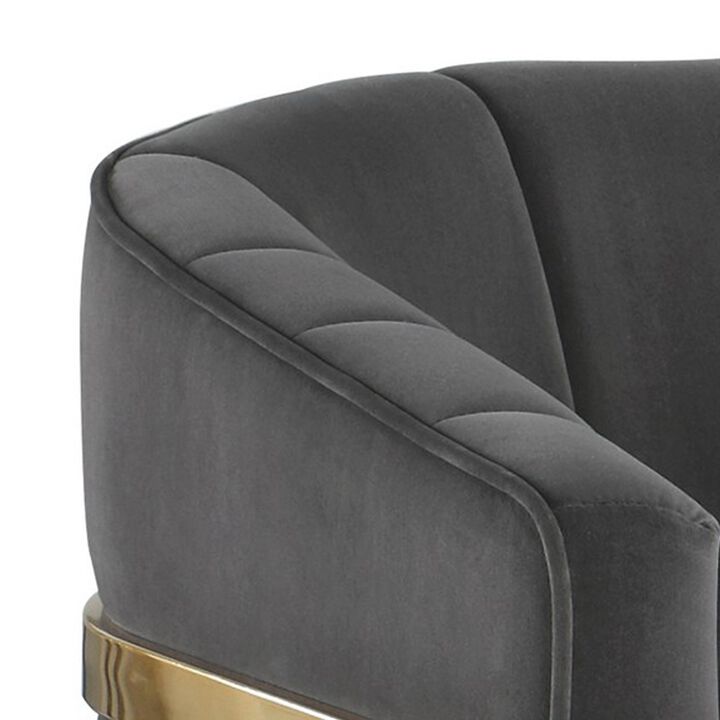 30 Inch Barrel Foam Accent Chair, Brushed Gold Floating Base, Gray Velvet-Benzara