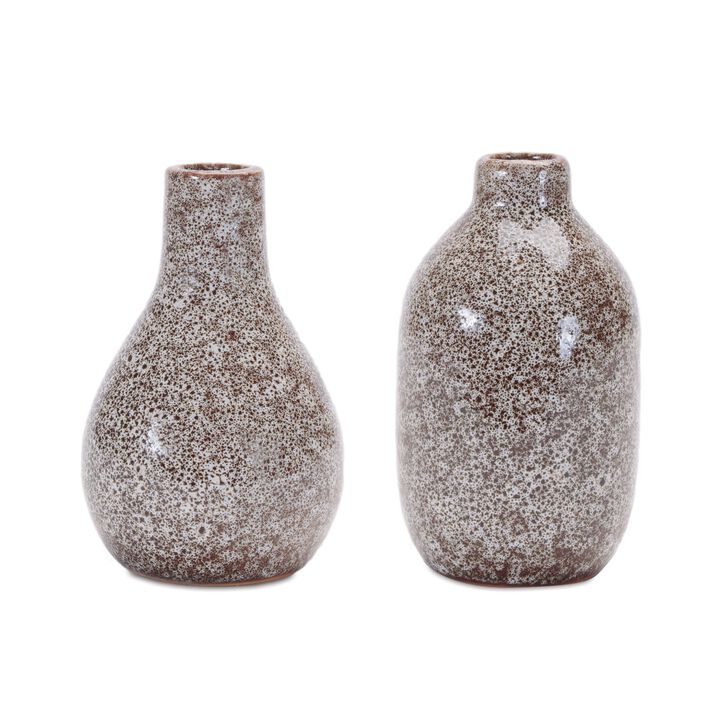 Set of 2 Speckled Ceramic Bottle Vases for Tabletop, Shelf, or Mantel Styling