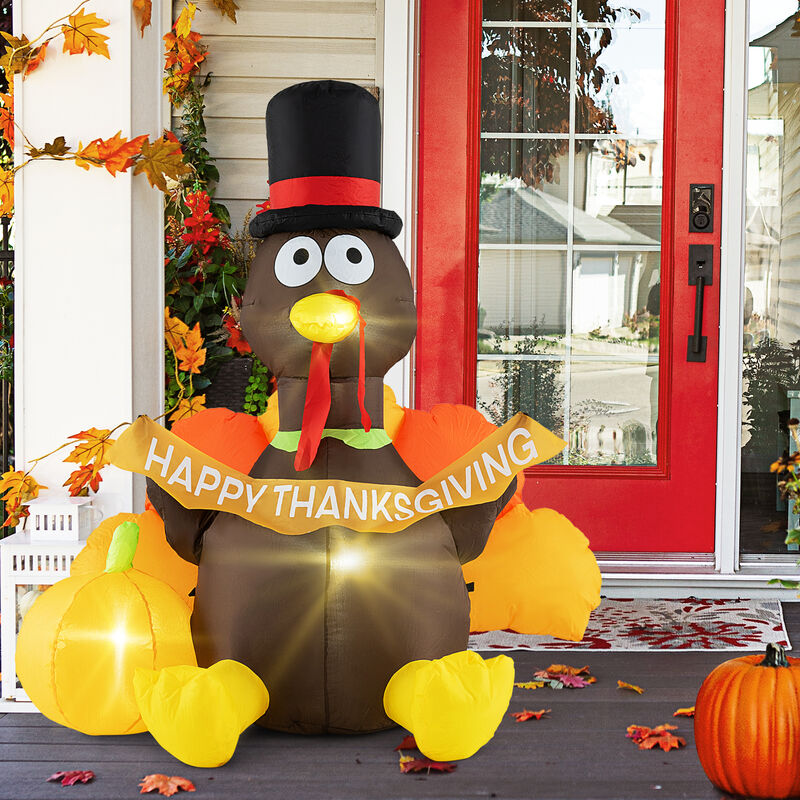 5 FT Inflatable Turkey with Pumpkin and LED Lights for Indoor Party image number 2