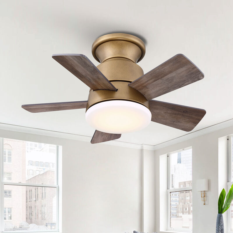 24 in. Integrated LED Natural Brass Gold Flush Mount Ceiling Fan with Light and Remote