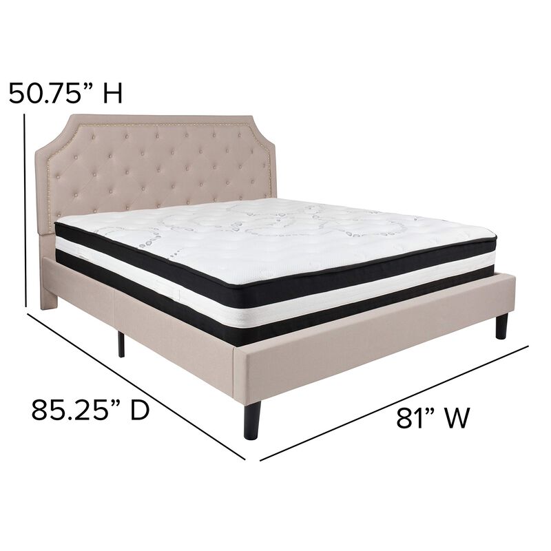 Brighton King Size Tufted Upholstered Platform Bed in Beige Fabric with Pocket Spring Mattress