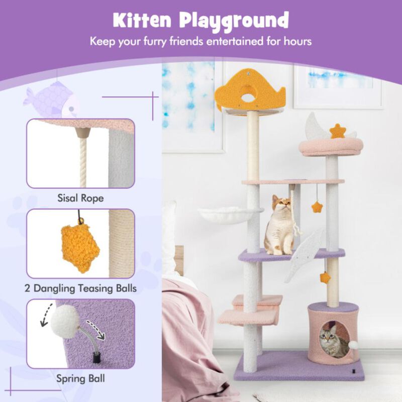 Hivvago 66 Inch Cute Cat Tree Cats Multi-level Tall Cat Tower with Sisal Covered Scratching Posts