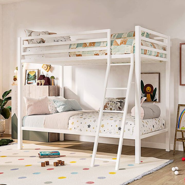 QuikFurn Twin over Twin Modern Metal Bunk Bed Frame in White with Ladder