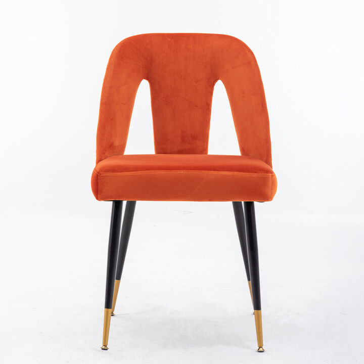 Collection Modern Contemporary Velvet Upholstered Dining Chair with Nailheads and Gold Tipped Black Metal Legs, Orange, Set of 2