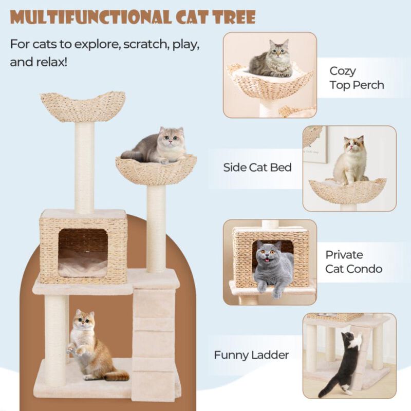 Hivvago 48 Inch Cattail Cat Tower with Sisal Scratching Posts Perch and Condo