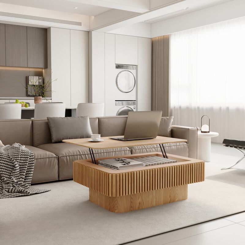 Rectangular lift top coffee table Coffee table with hidden storage and soft close Fluted MDF and solid wood veneer coffee table image number 3