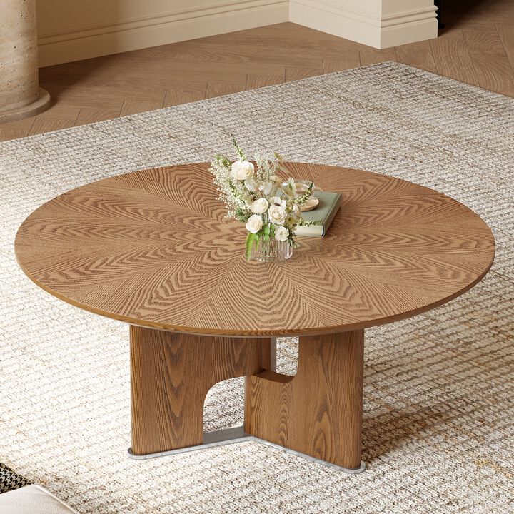 31.5-Inch Rustic Round Coffee Table with Ash Wood Veneer, Modern Wooden Living Room Table