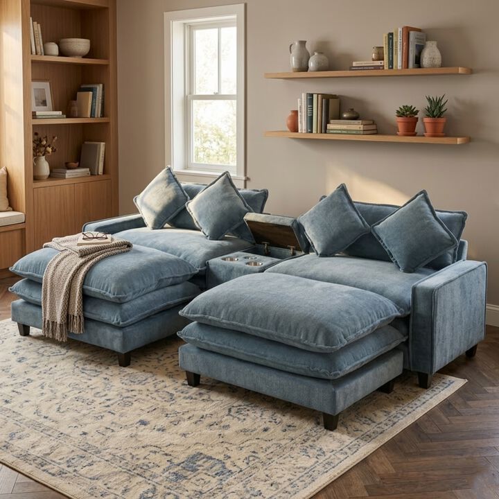 Whisen 111" Sectional Sofa, Chenille Modular Couch with Removable Ottomans, USB Ports & Storage for Living Room, Apartment