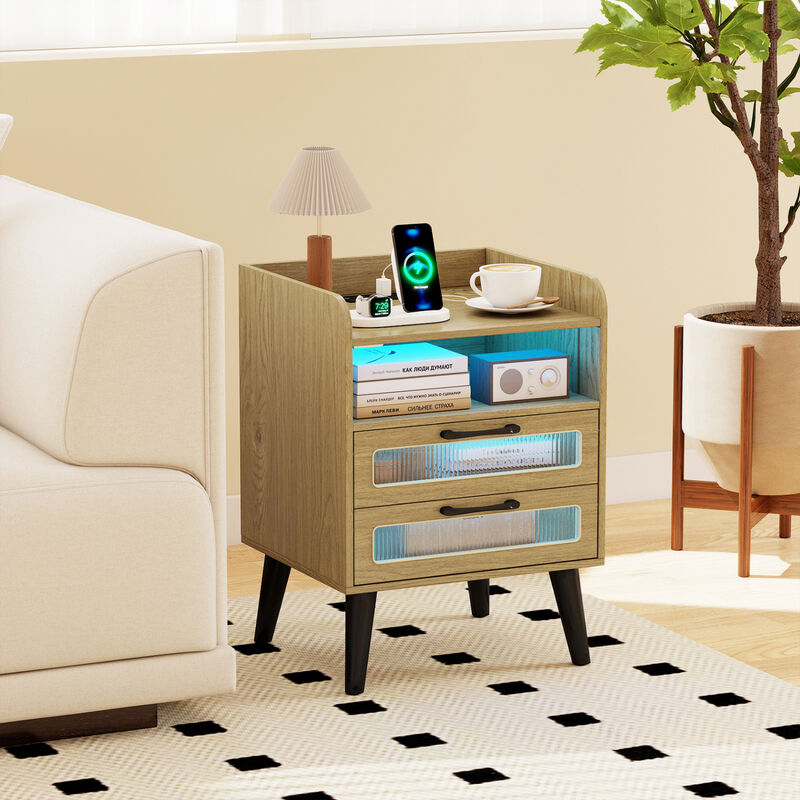 Mid-Century Nightstand with LED Lighting and Built-In Charging Station image number 6