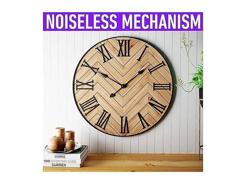 Large Wall Clock 24 Round Silent Metal Wood Farmhouse Living Decor 3D Roman No image number 2