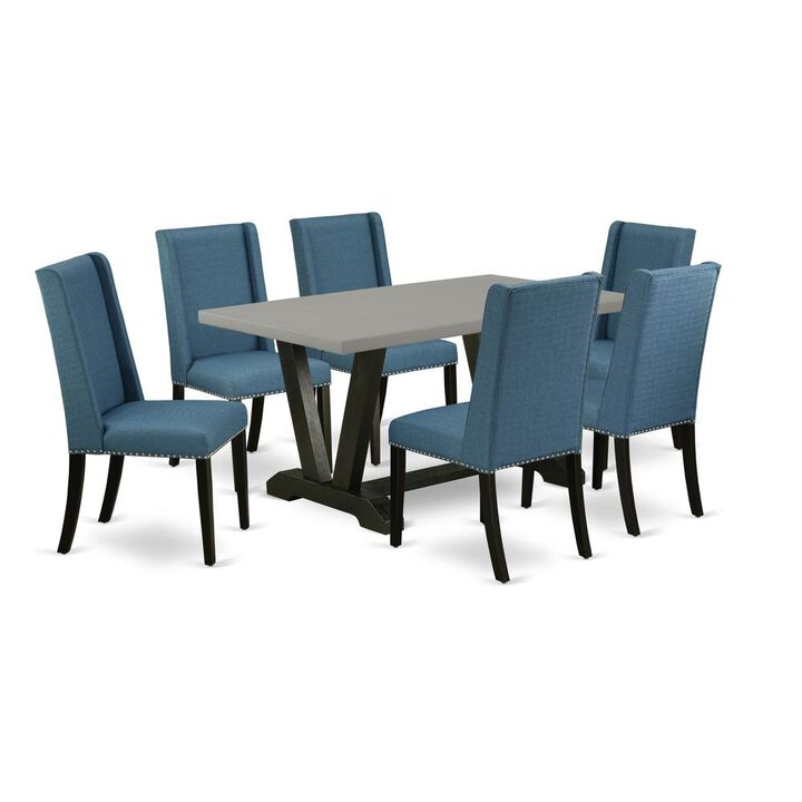 East West Furniture 7-Piece Beautiful Modern Dining Table Set a Good Cement Color Wood Dining Table Top and 6 Gorgeous Linen Fabric Dining Chairs with Nail Heads and Stylish Chair Back, Wire Brushed B