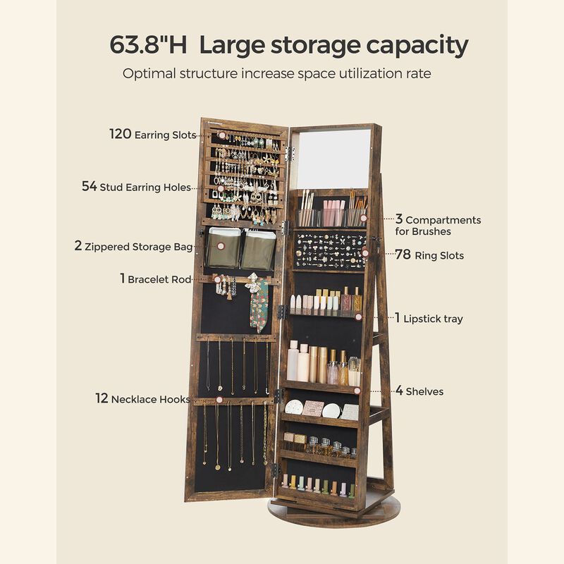 360&deg; Swivel Lockable Jewelry Cabinet with Full-Length Mirror, Rear Storage Shelves, and Built-In Small Mirror