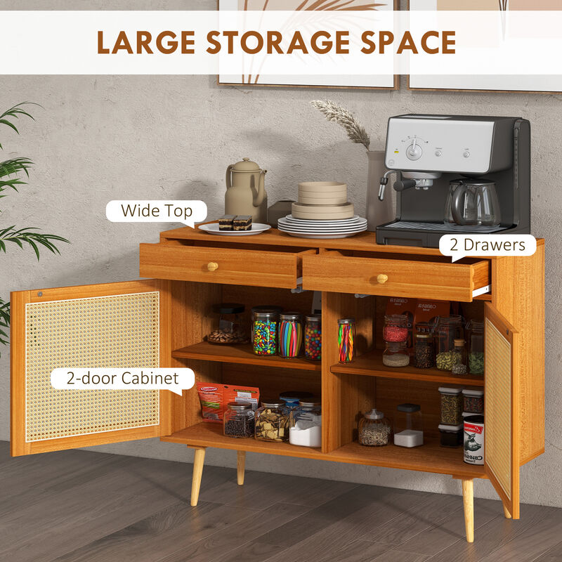 HOMCOM Storage Cabinet, Boho Kitchen Cabinet with 2 Drawers, Adjustable Shelf, Rattan Doors and Wooden Legs, Accent Cabinet for Living Room, Light Brown