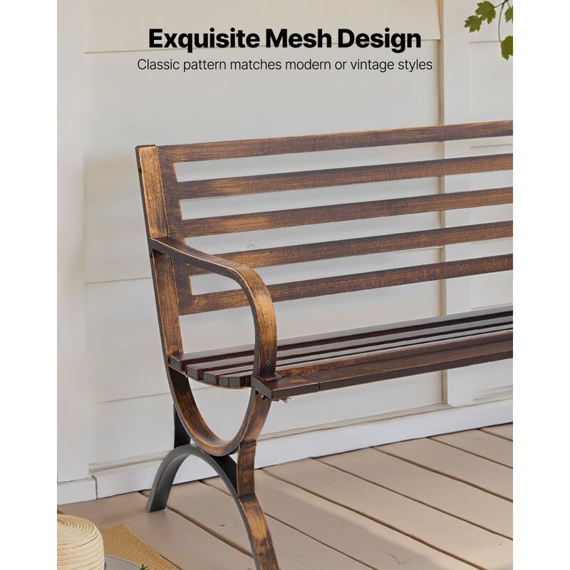Outdoor Metal Bench with Slatted Backrest, Weatherproof Patio Garden Bench Bronze image number 5