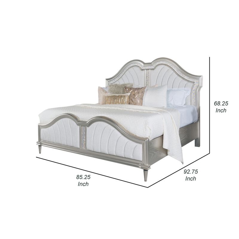Nive California King Bed, Oak Wood, Double Arched Upholstered Headboard, Ivory Silver - Benzara