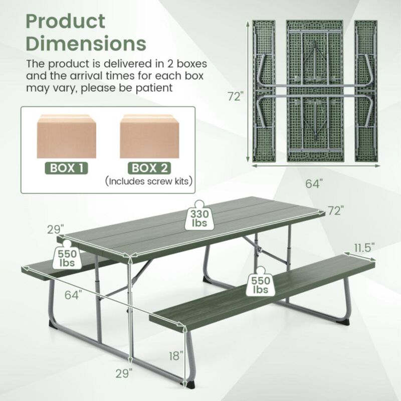 Hivvago Folding Picnic Table Set with Metal Frame and All-Weather HDPE Tabletop, Umbrella Hole