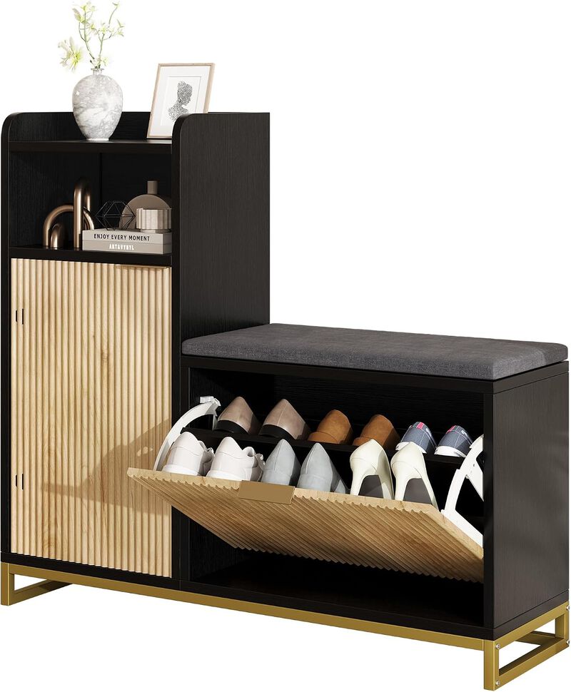 L-Shaped Shoe Storage Bench with Flip Drawer & Adjustable Shelves, 39" Entryway Bench with Thickened Padded Seat Cushion, Shoe Rack for Entryway image number 1