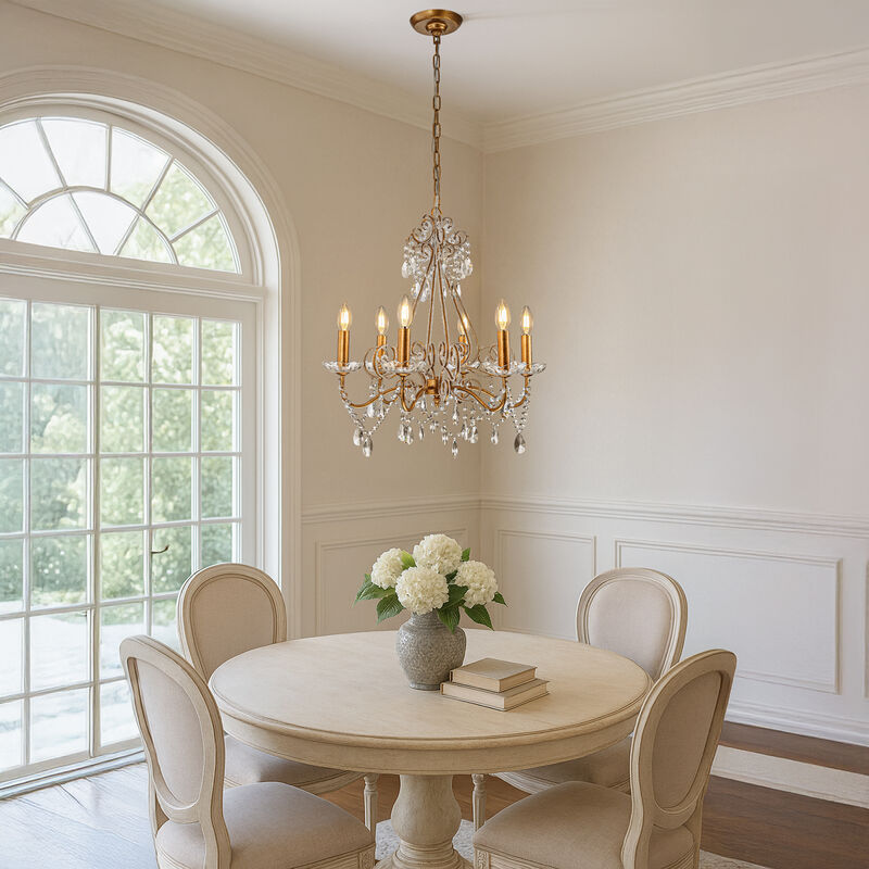 6-Lights Antique Gold Classic Candlestick Chandelier 22'' Mid-century French Style Pendant Light with Crystal Teardrop Beads image number 3