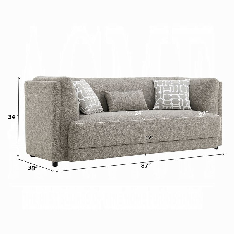 Gely 87 Inch Sofa with 3 Accent Pillows, Straight Arms, Gray Chenille image number 5