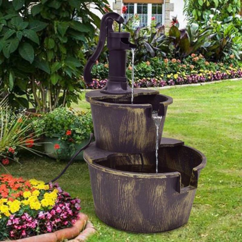 Outdoor 2-Tier Rustic Barrel Water Fountain with Submersible Pump for Charming Garden or Patio D&eacute;cor image number 1